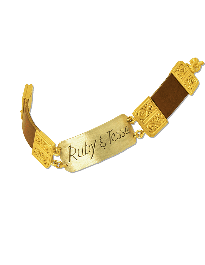 Wide  Name Plate Leather and Gold Bracelet